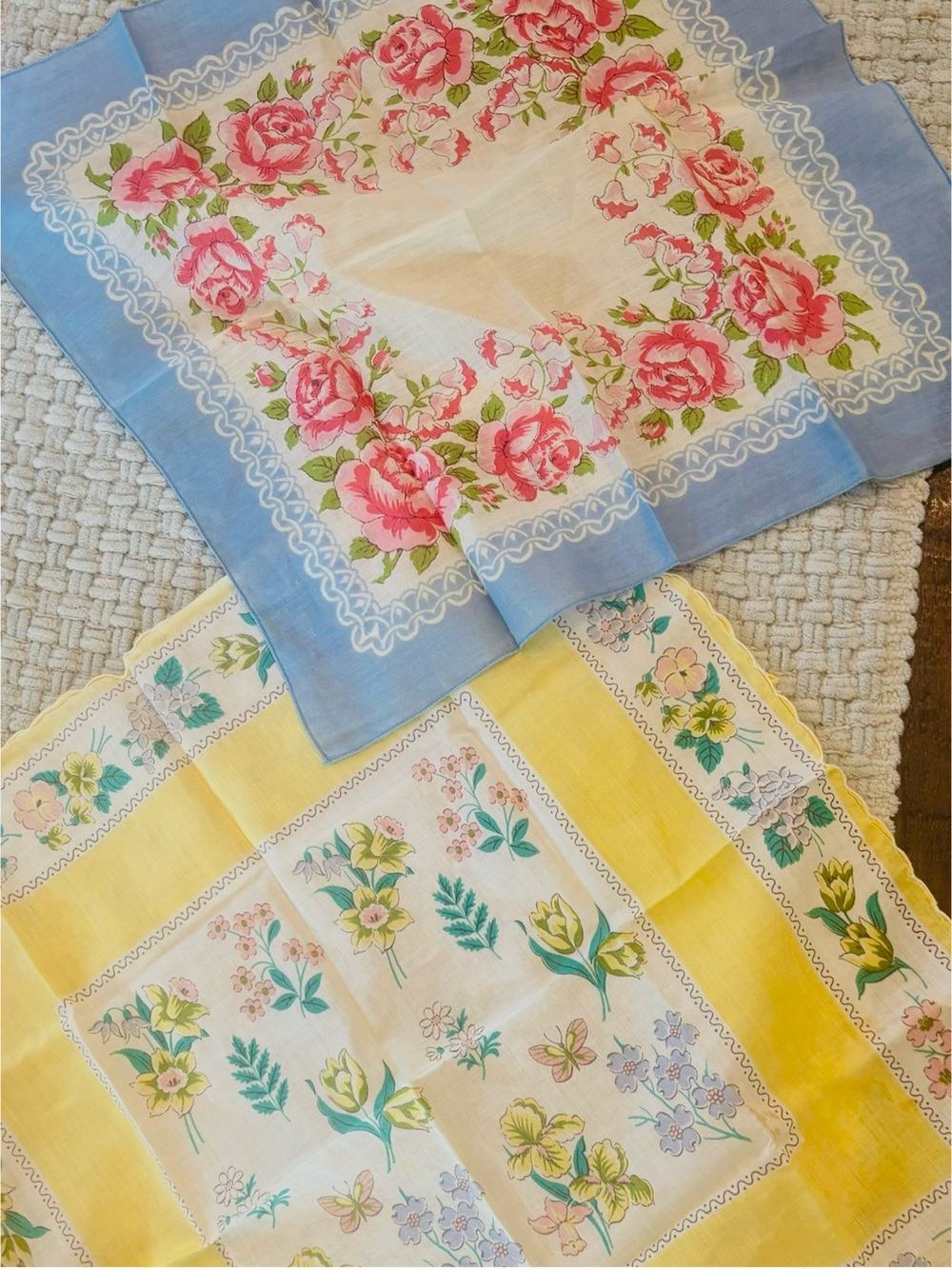 Lot of 2 Vintage Floral Handkerchiefs Cottagecore Pink Roses Garden Pastels